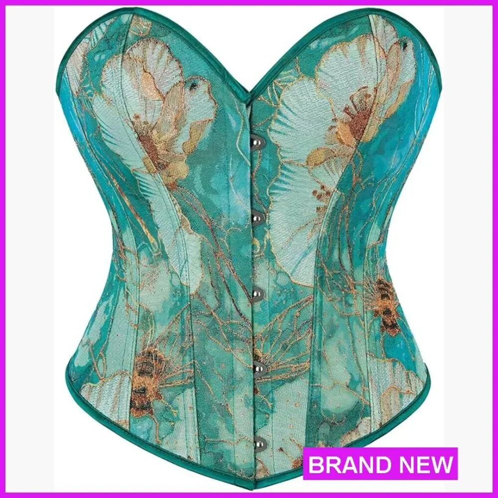 Vintage Floral Bustier Corset Top Strapless Overbust Boned Shapewear Lace Up